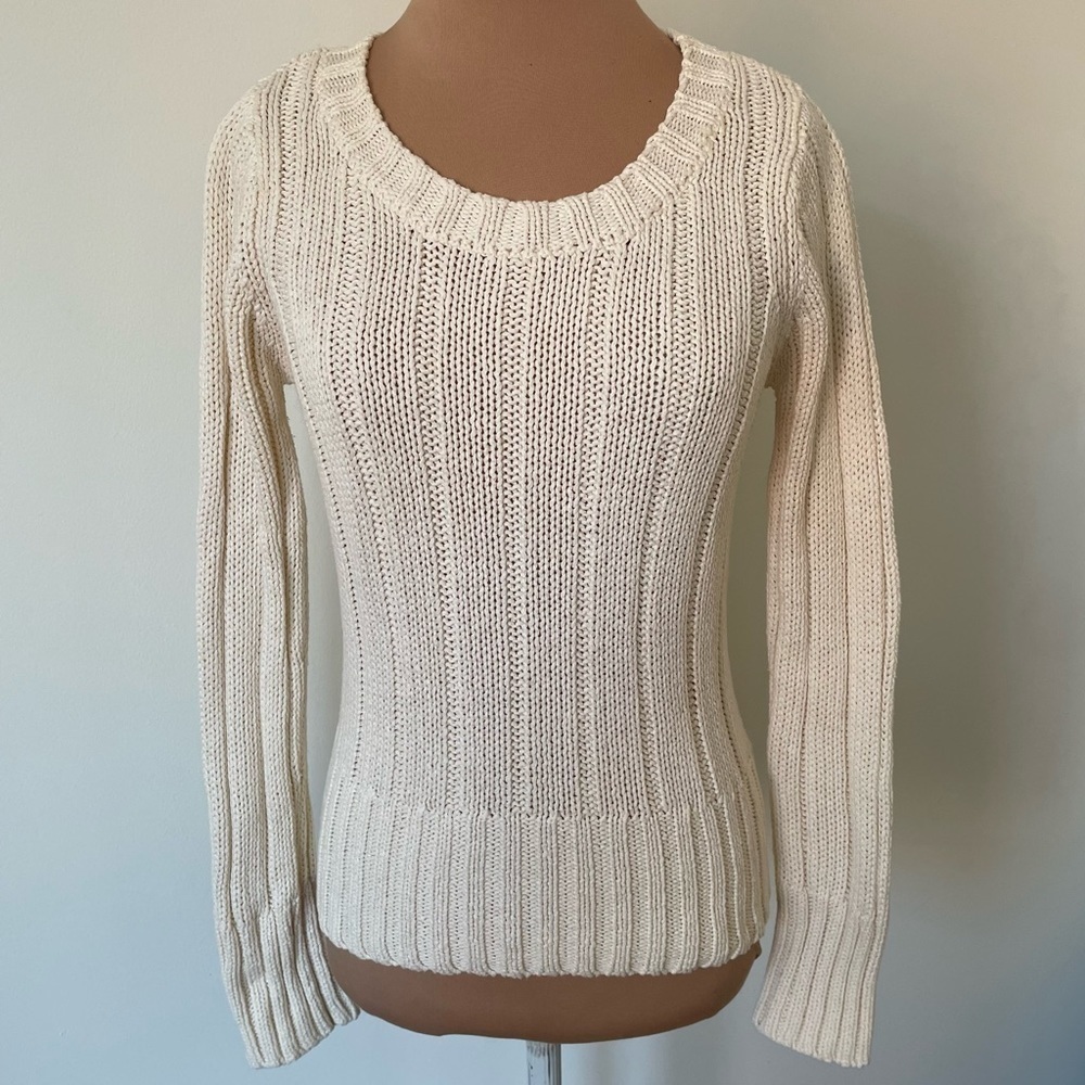 Philippe Adec Vintage Ivory Ribbed Knit Cotton Crewneck Pullover Sweater Size S